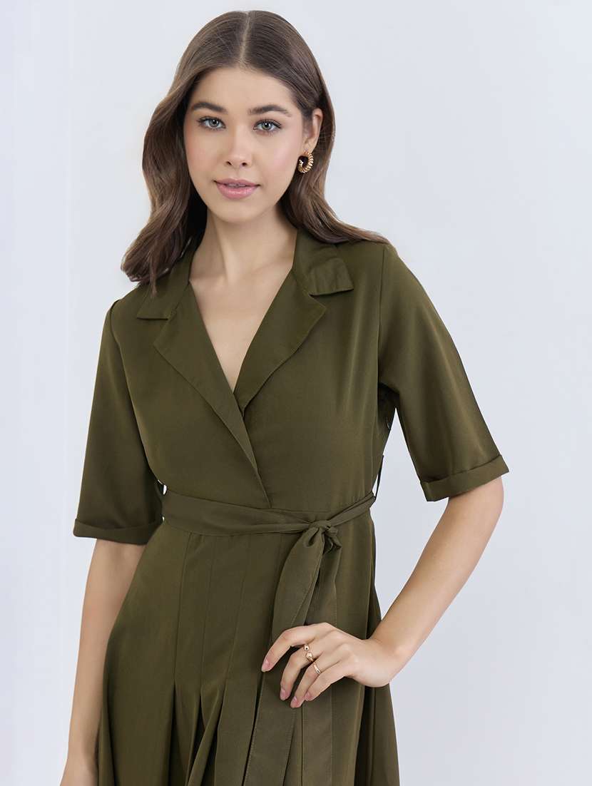 women solid lapel neck short sleeve a-line dress - 22397895 -  Standard Image - 1