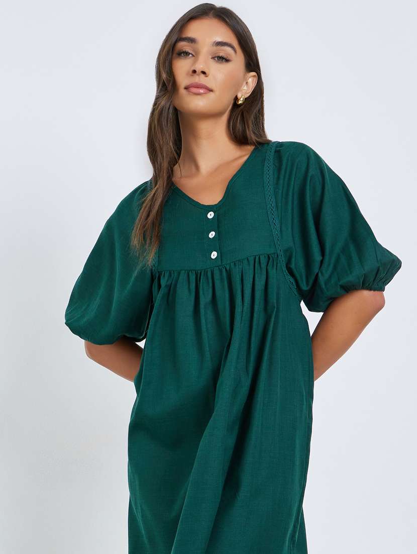 women solid puff sleeve maxi a-line dress - 22397898 -  Standard Image - 1