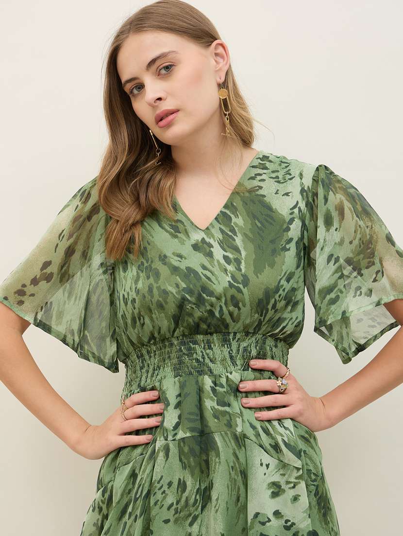 women printed flared sleeve asymmetric dress - 22397899 -  Standard Image - 1