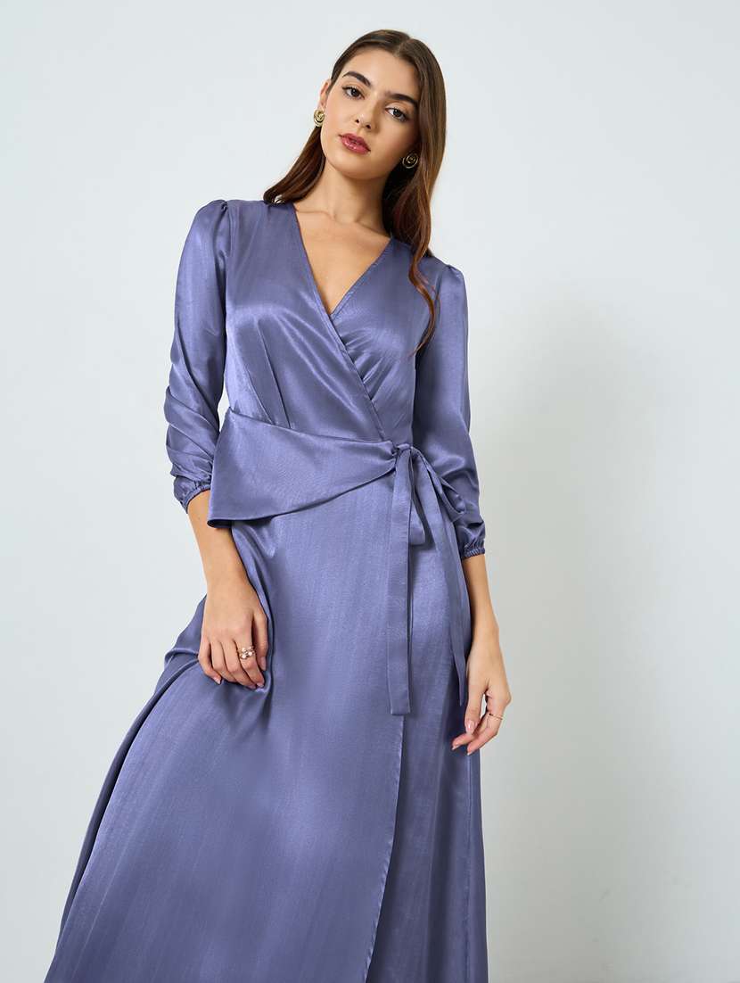 women solid long sleeve wrap dress - 22397900 -  Standard Image - 1
