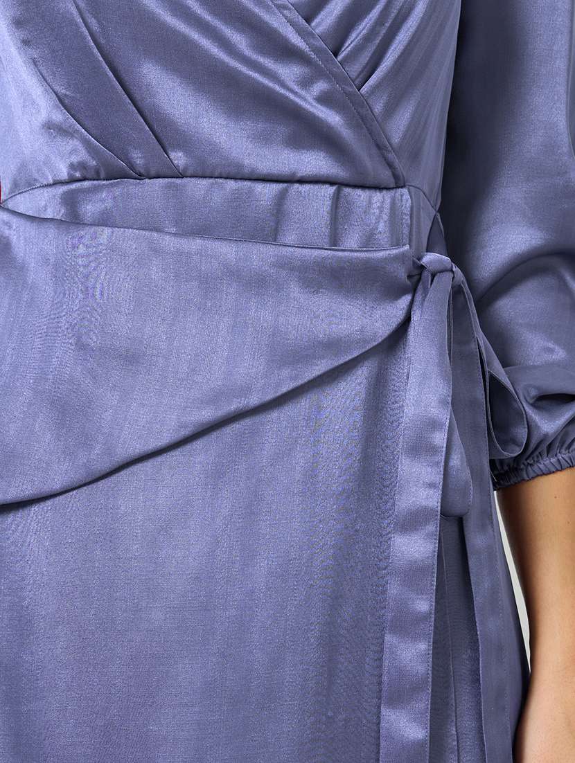 women solid long sleeve wrap dress - 22397900 -  Standard Image - 4