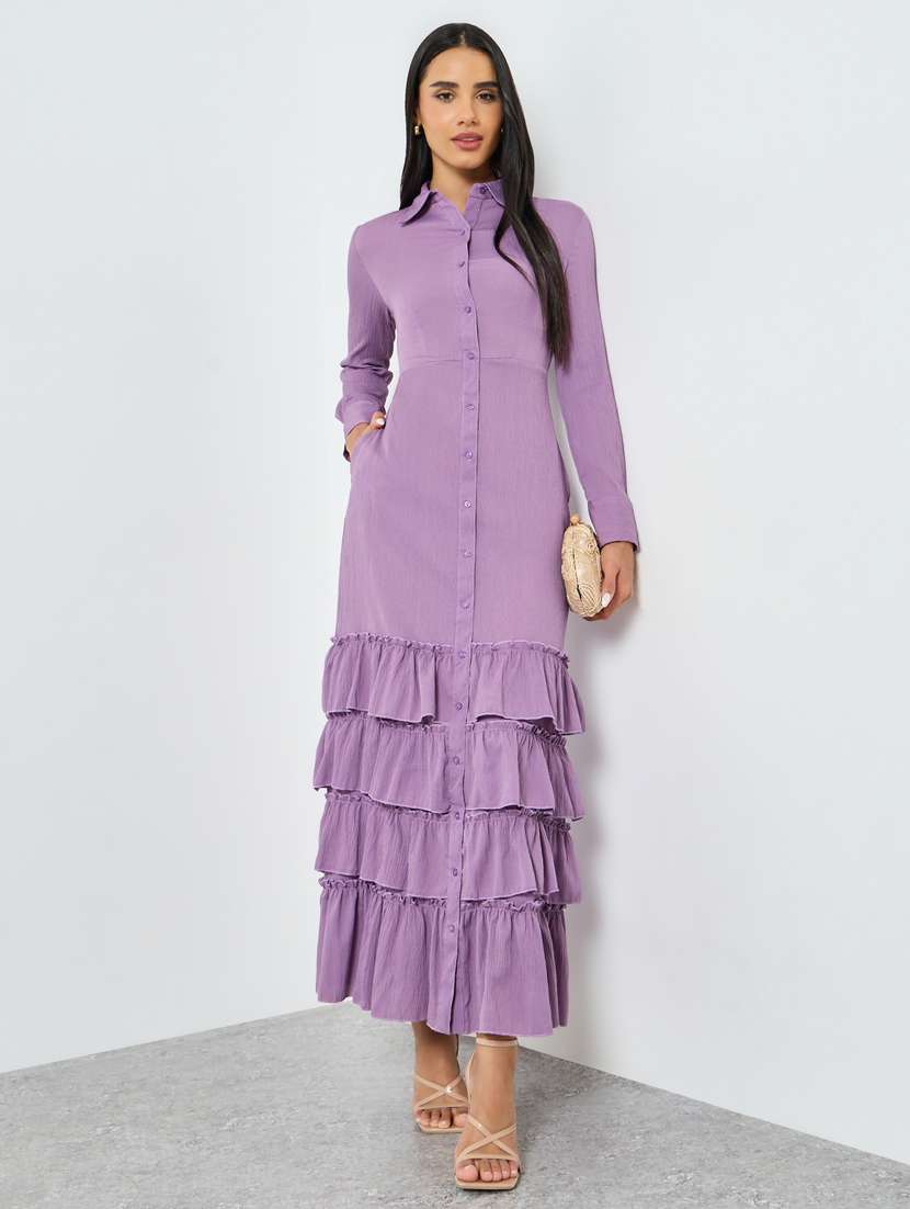 women solid collared long sleeve ruffle dress