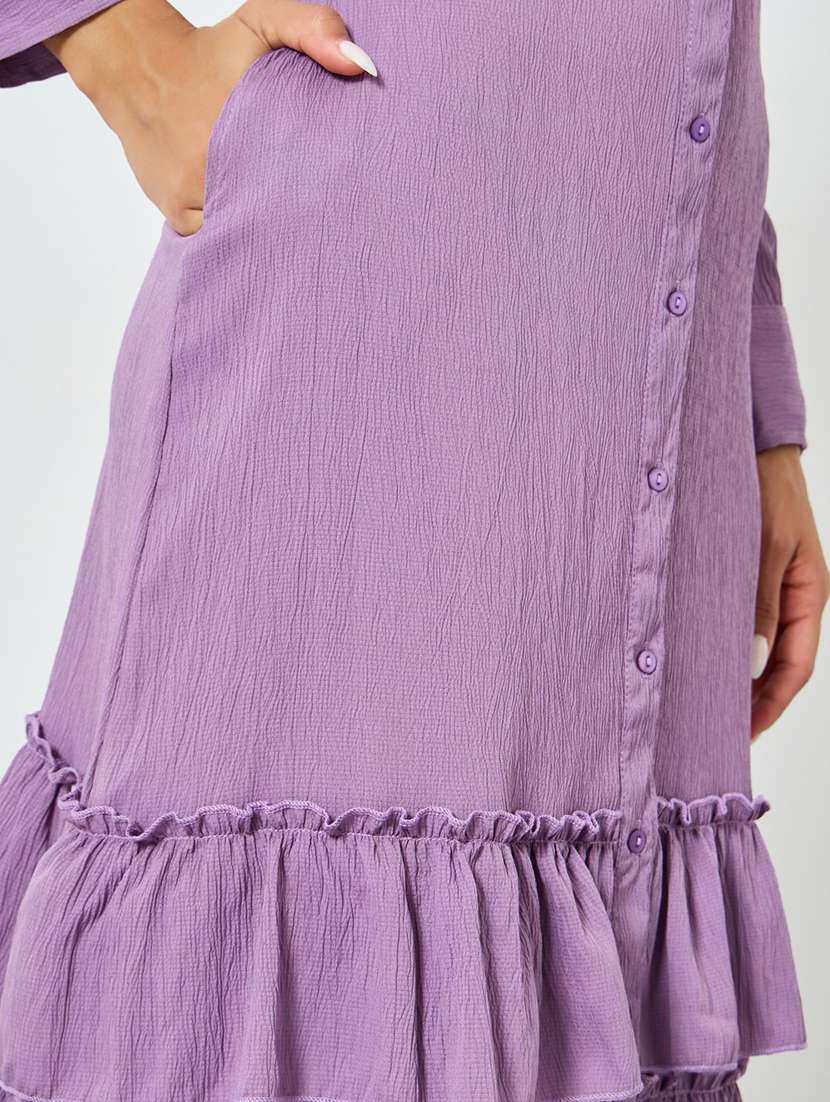 women solid collared long sleeve ruffle dress - 22397903 -  Standard Image - 4