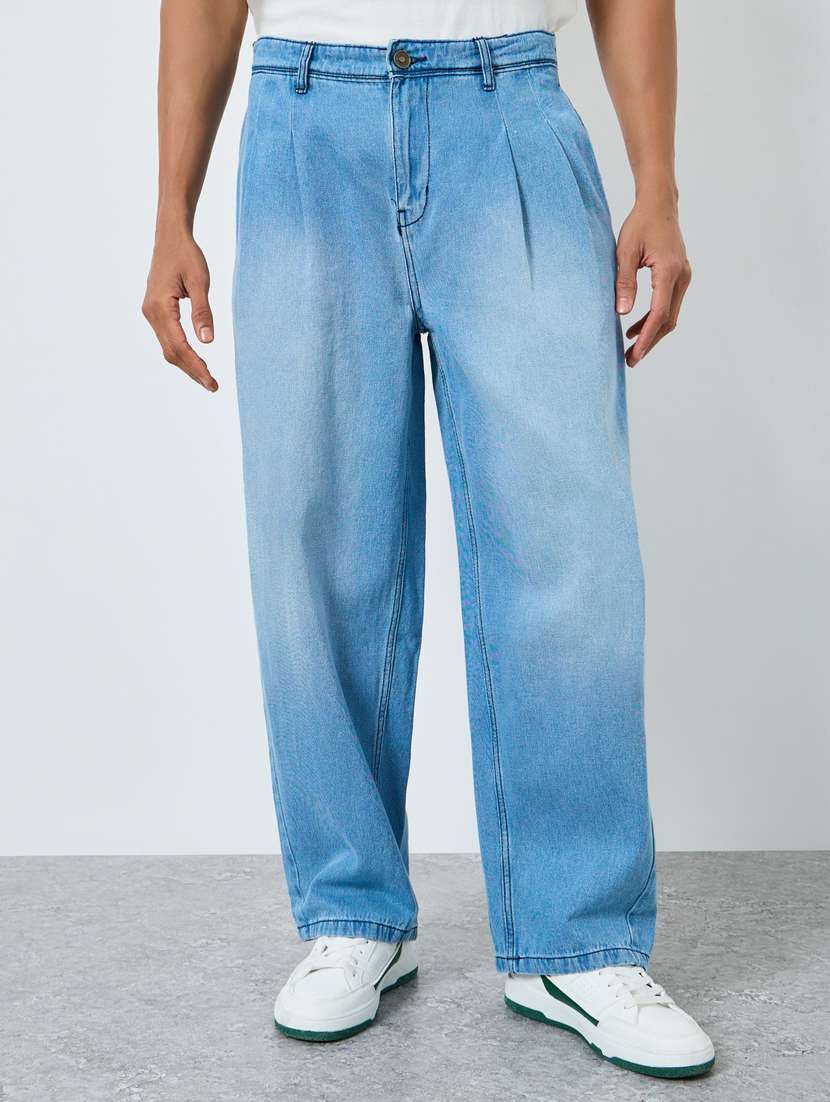 men washed mid rise full length baggy jeans