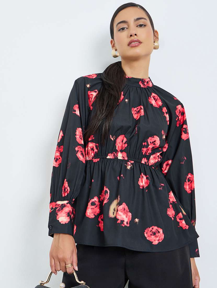 women floral print puff sleeve peplum top