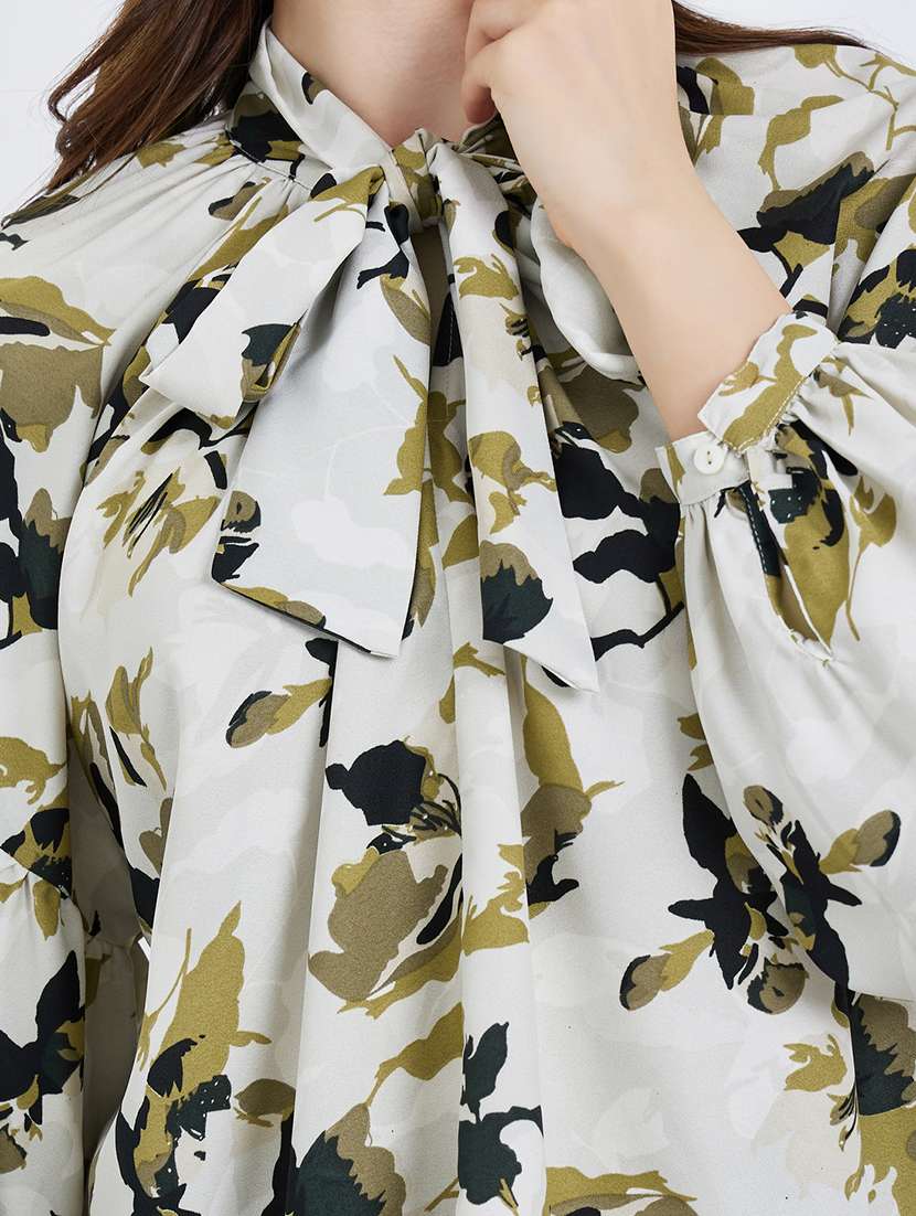 women printed tie-up neck puff sleeve top - 22397987 -  Standard Image - 1