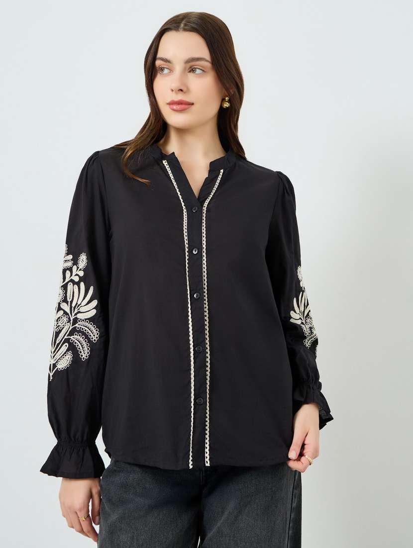 women embroidered puff sleeve regular top