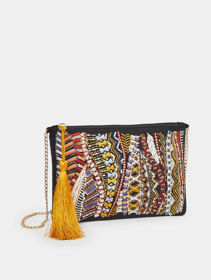 black embroidered clutch bag with tassel