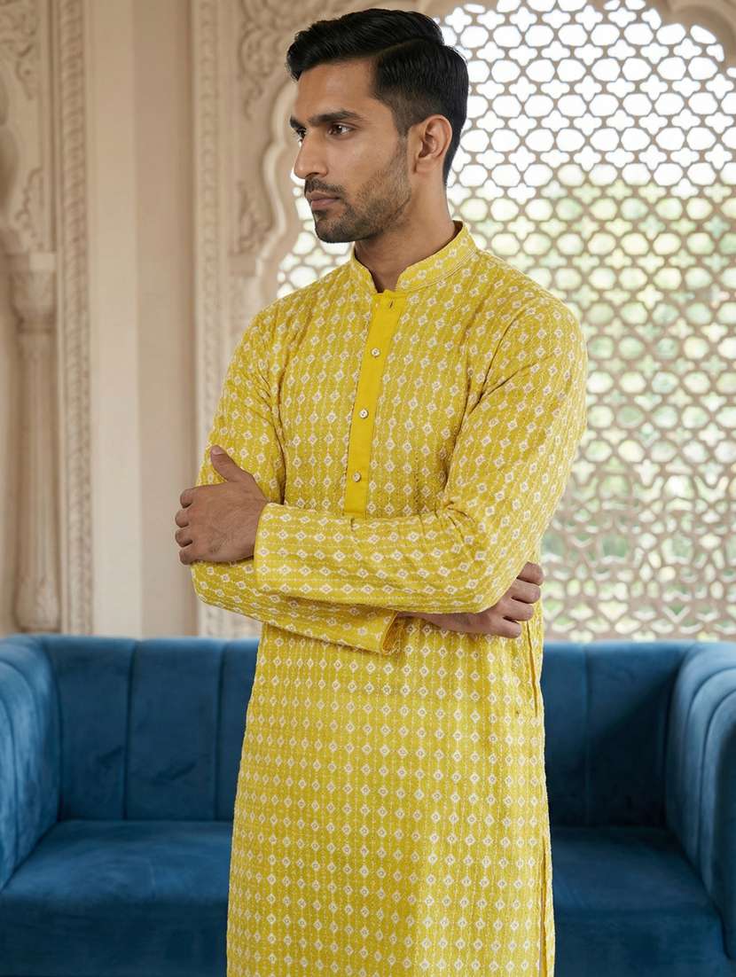men solid with work mandarin neck kurta pyjama set - 22399467 -  Standard Image - 1