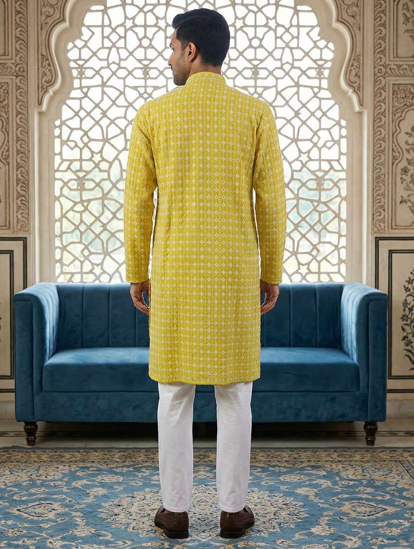 men solid with work mandarin neck kurta pyjama set - 22399467 -  Standard Image - 4