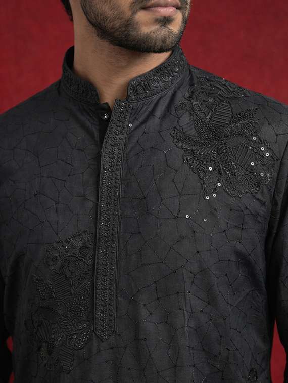men solid with work mandarin neck kurta pyjama set - 22399468 -  Standard Image - 1