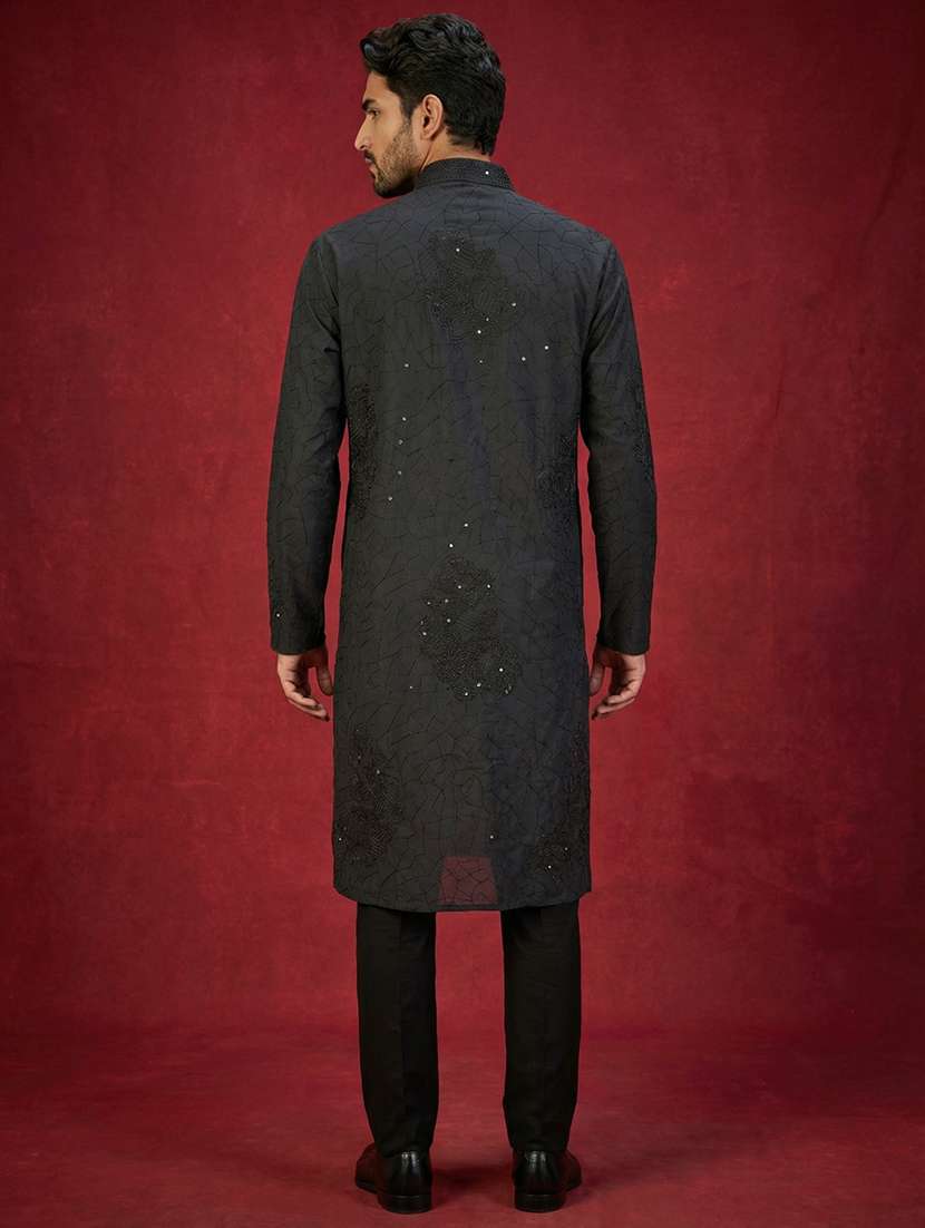men solid with work mandarin neck kurta pyjama set - 22399468 -  Standard Image - 4