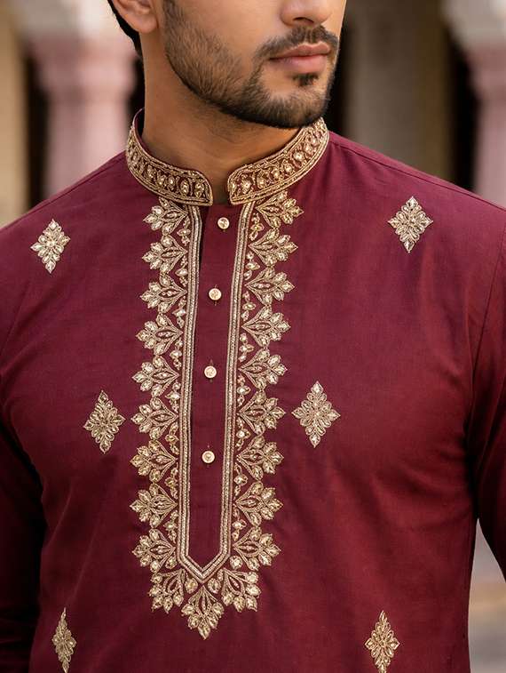 men solid with work mandarin neck kurta pyjama set - 22399470 -  Standard Image - 1