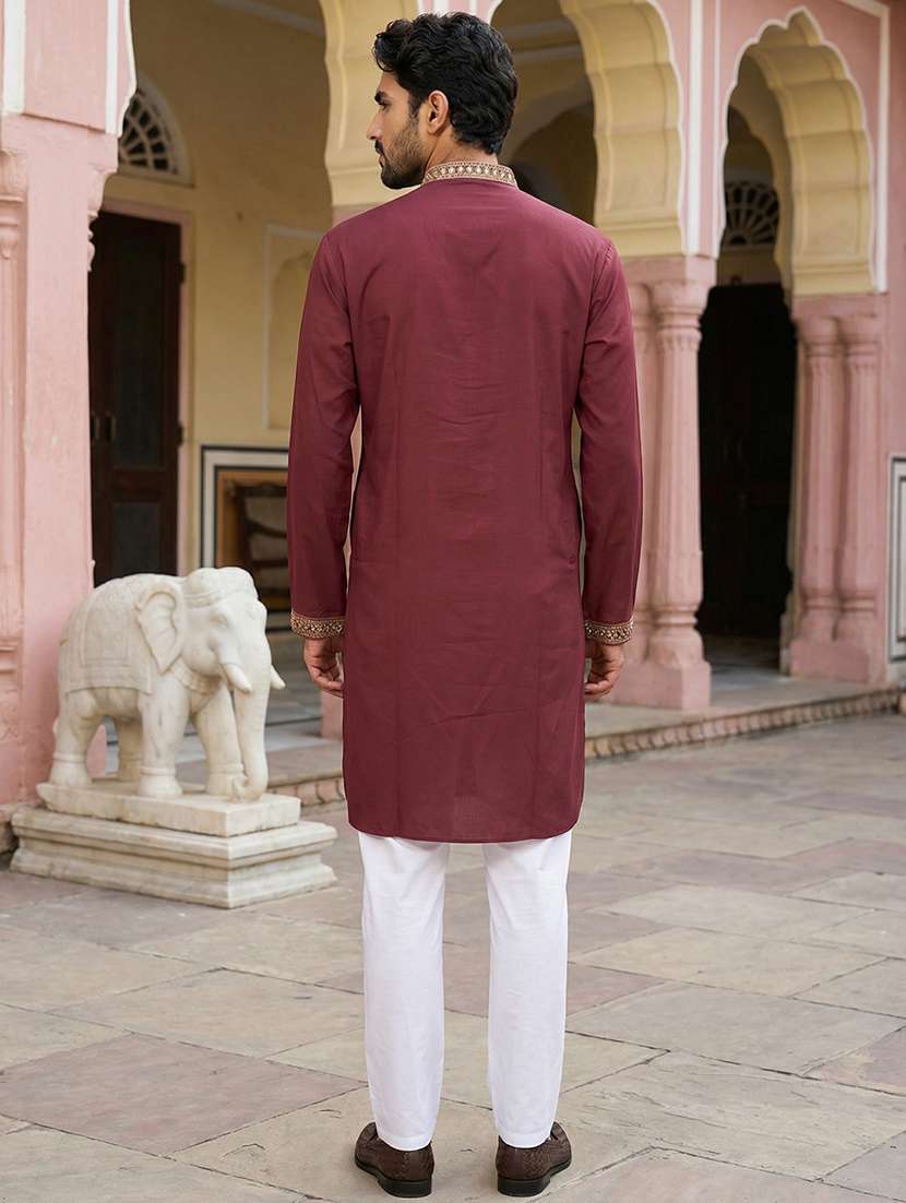 men solid with work mandarin neck kurta pyjama set - 22399470 -  Standard Image - 4