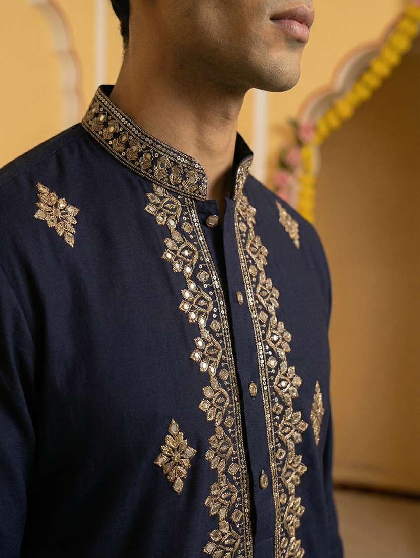 men solid with work mandarin neck kurta pyjama set - 22399471 -  Standard Image - 1