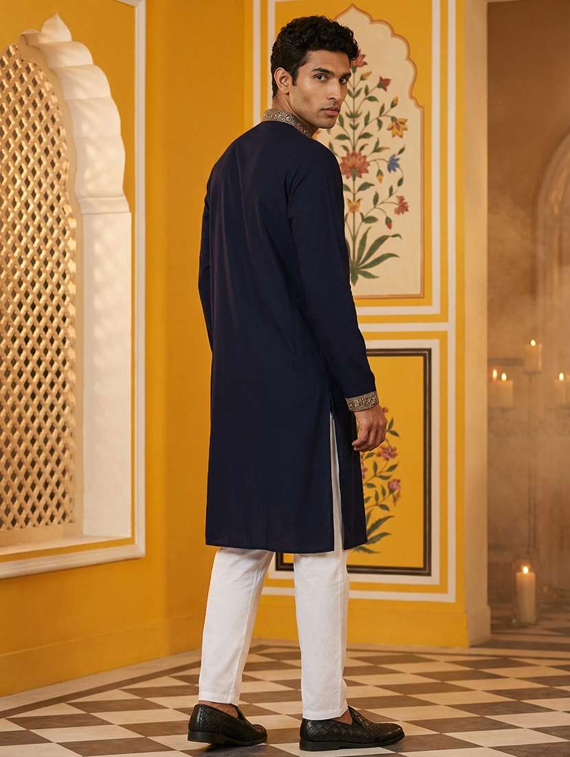 men solid with work mandarin neck kurta pyjama set - 22399471 -  Standard Image - 4