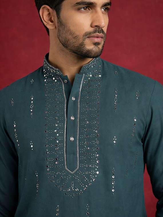 men solid with work mandarin neck kurta pyjama set - 22399472 -  Standard Image - 1