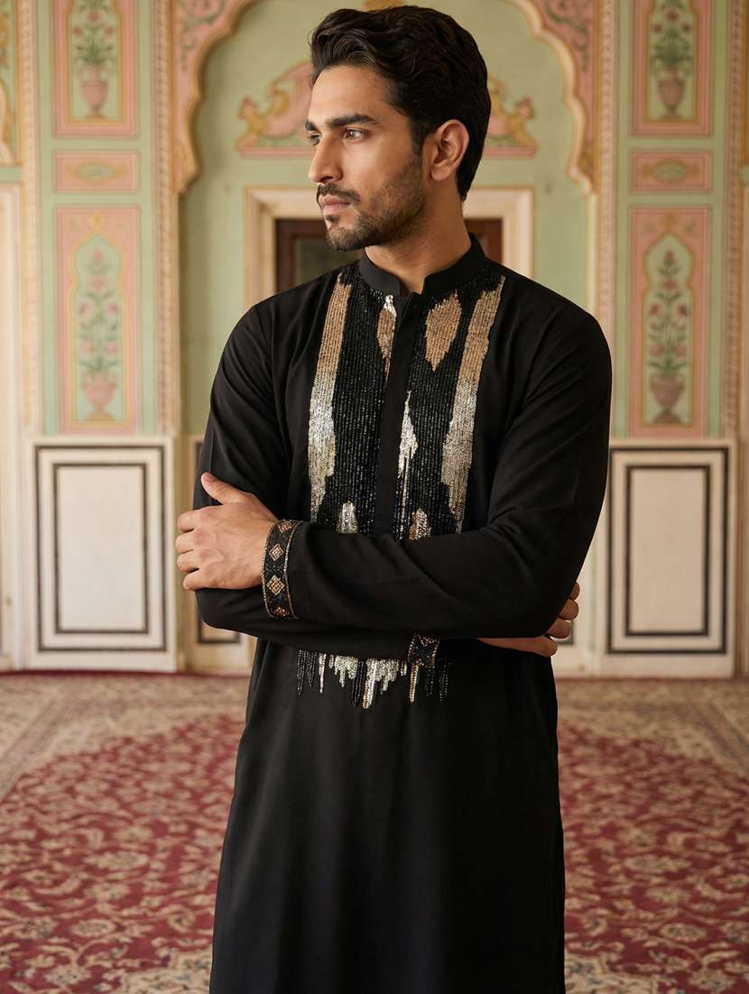 men solid with work mandarin neck kurta pyjama set - 22399476 -  Standard Image - 1