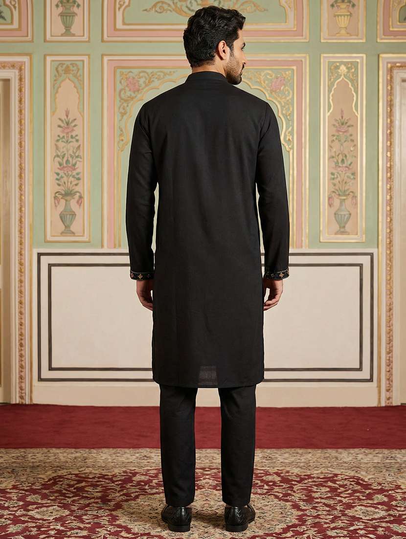 men solid with work mandarin neck kurta pyjama set - 22399476 -  Standard Image - 4