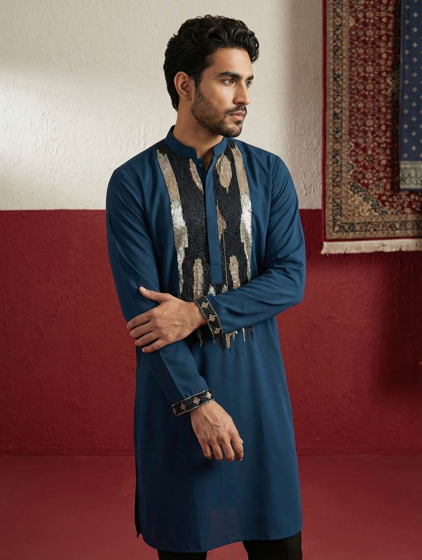 men solid with work mandarin neck kurta pyjama set - 22399477 -  Standard Image - 1