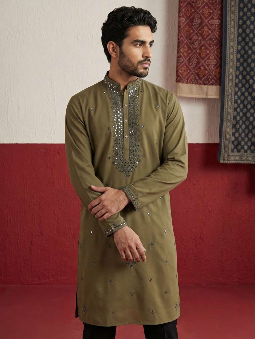 men solid with work mandarin neck kurta pyjama set - 22399481 -  Standard Image - 1