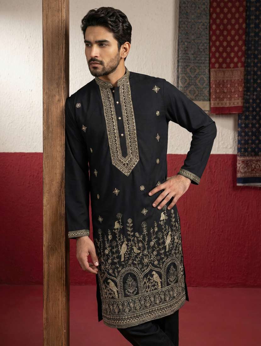 men solid with work mandarin neck kurta pyjama set - 22399488 -  Standard Image - 1