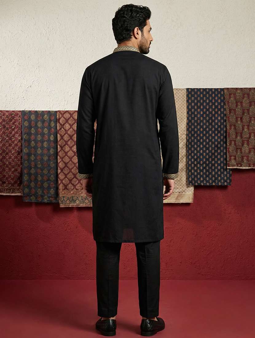 men solid with work mandarin neck kurta pyjama set - 22399488 -  Standard Image - 4