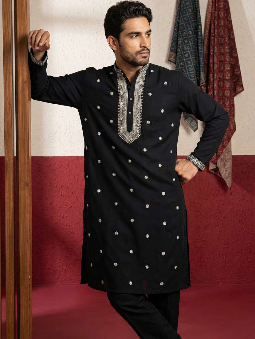 men solid with work mandarin neck kurta pyjama set - 22399490 -  Standard Image - 1