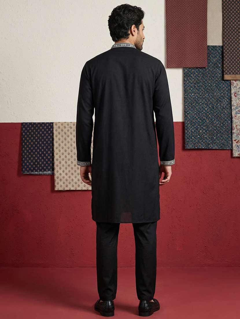 men solid with work mandarin neck kurta pyjama set - 22399490 -  Standard Image - 4