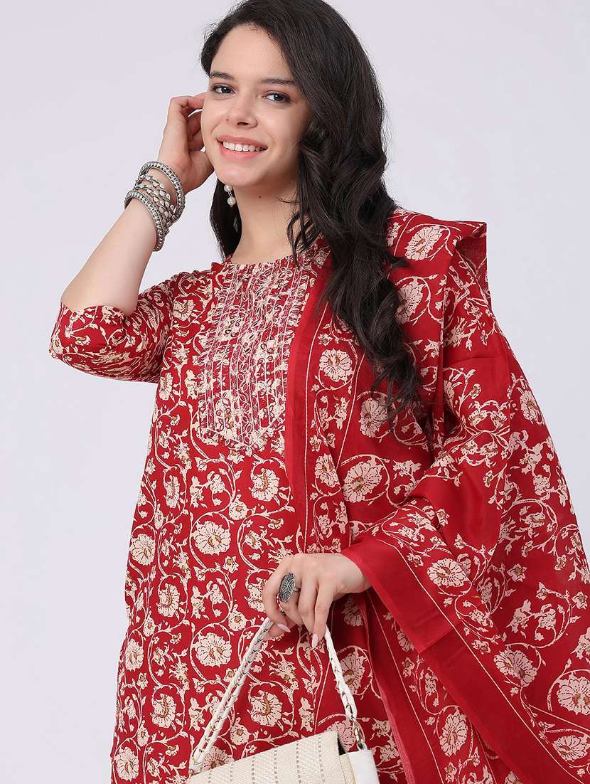 women printed three quarter sleeve kurta pant with dupatta set - 22399563 -  Standard Image - 1
