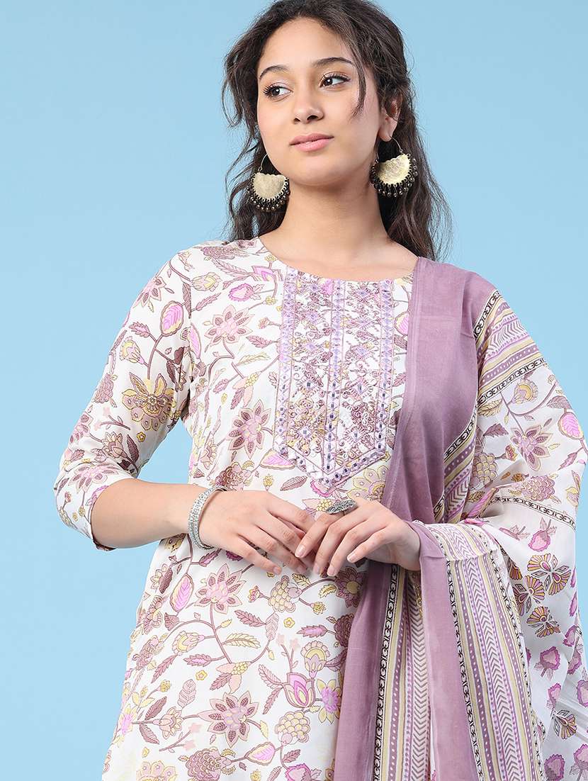 women printed three quarter sleeve kurta pant with dupatta set - 22399569 -  Standard Image - 1