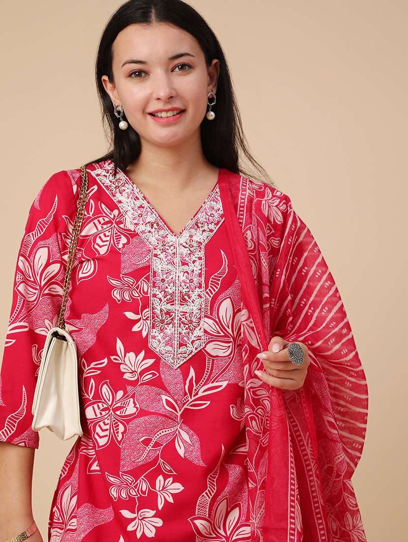 red cotton kurta dupatta  set - 22399590 -  Standard Image - 4