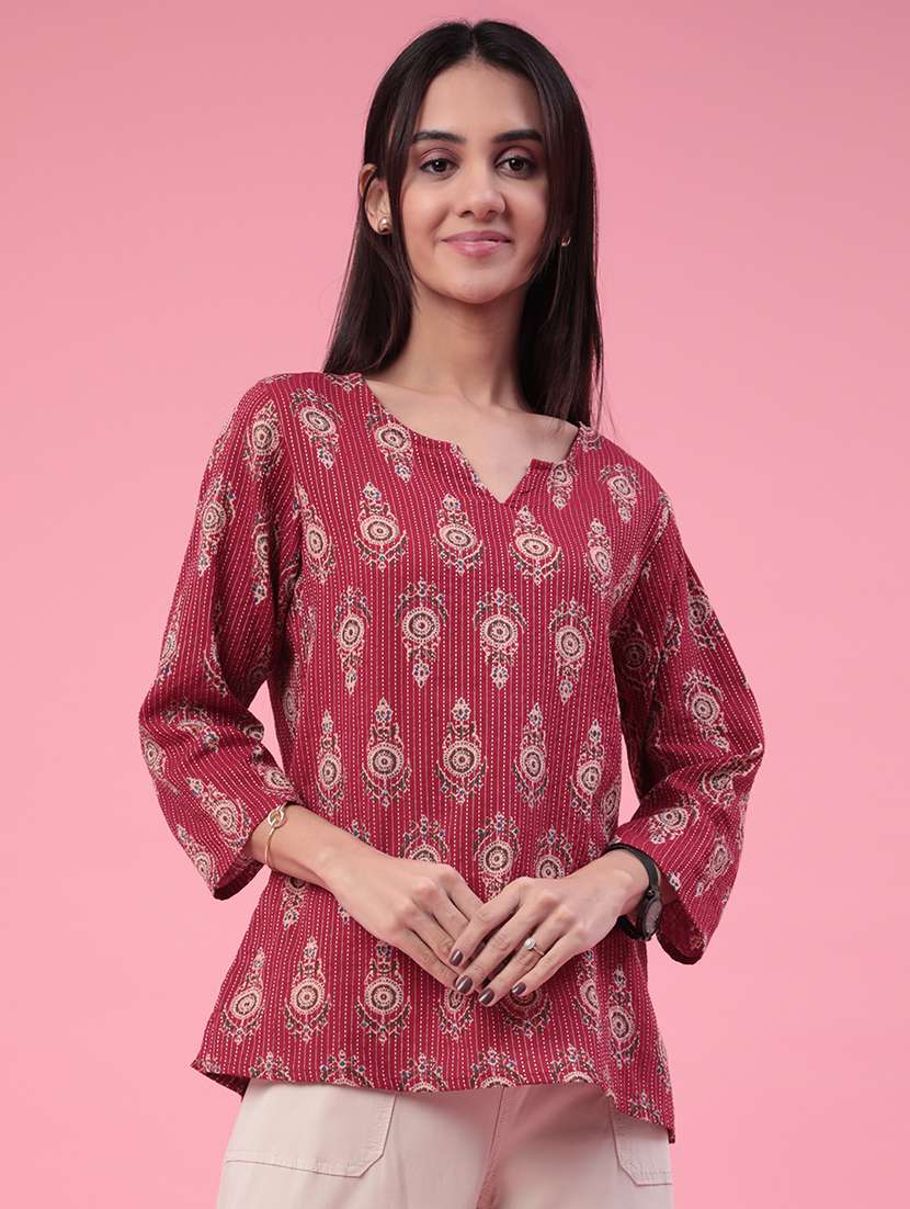 women printed three quarter sleeves a-line kurti