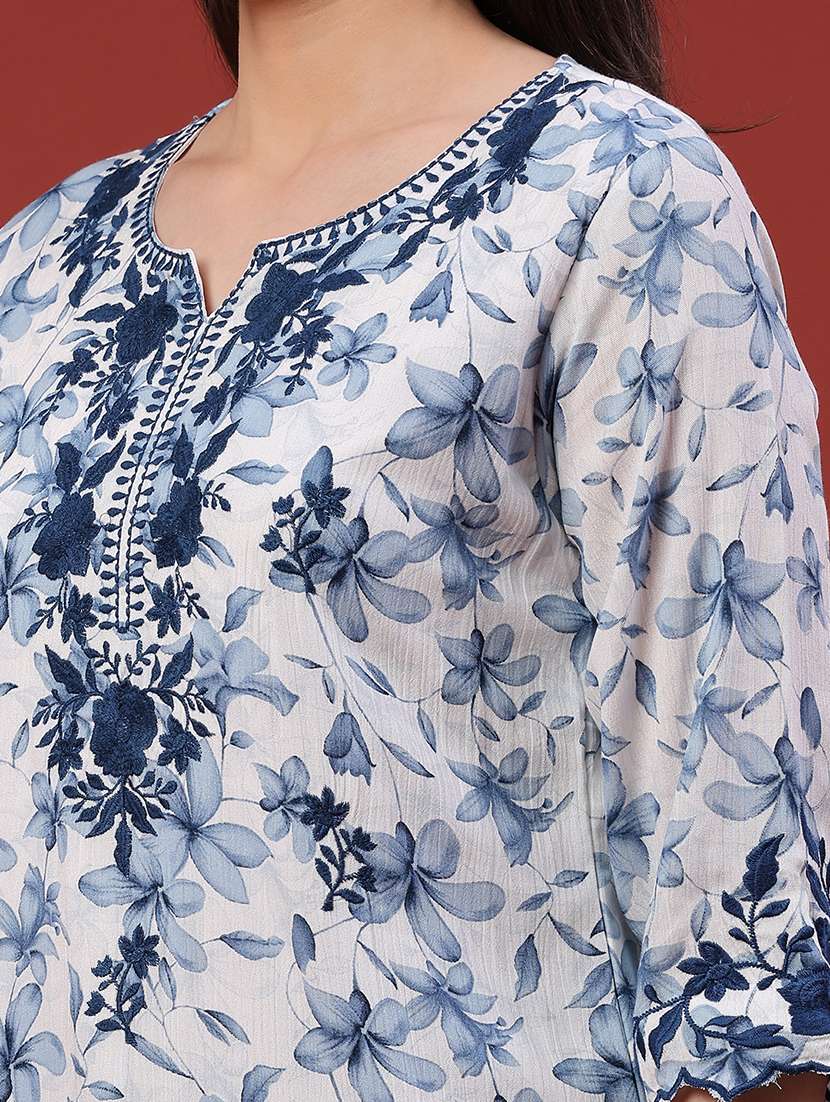 women floral three quarter sleeve straight kurti - 22400578 -  Standard Image - 1