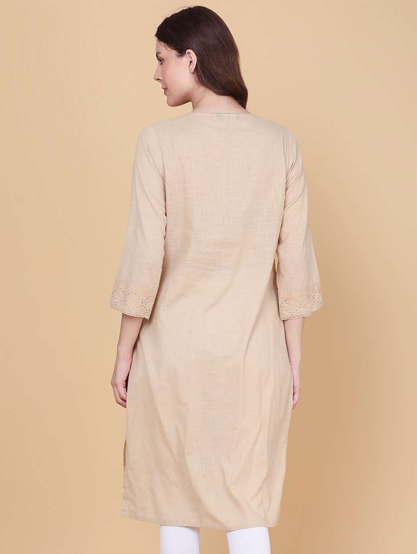 Women Solid With Work Three Quarter Sleeve Straight Kurta - 22400666 -  Standard Image - 4
