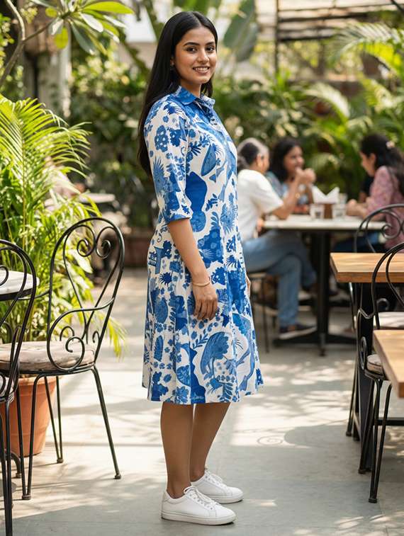 women printed three quarter sleeve a-line dress - 22400948 -  Standard Image - 4