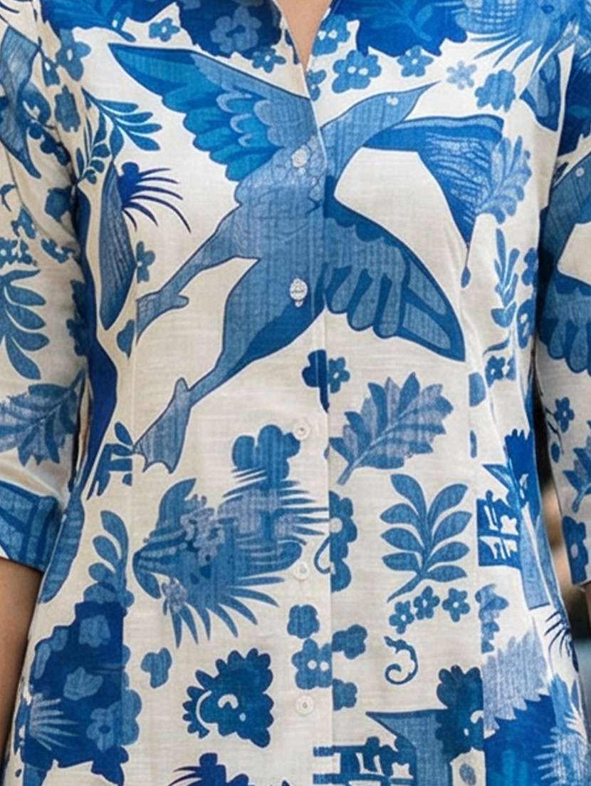 women printed collared three quarter sleeve shirt dress - 22400949 -  Standard Image - 1