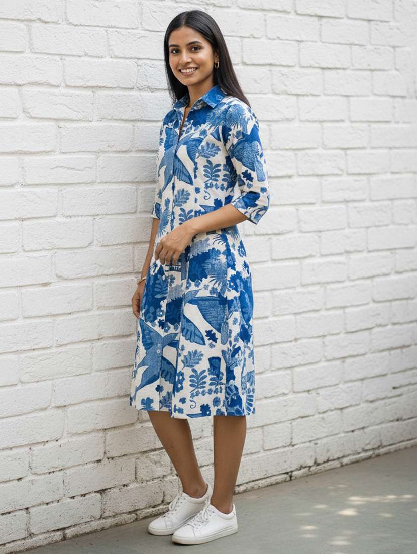 women printed collared three quarter sleeve shirt dress - 22400949 -  Standard Image - 4