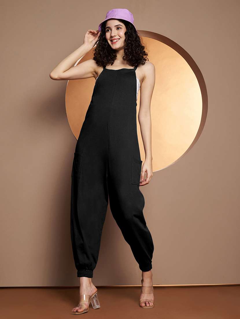 women solid shoulder strap full leg jumpsuit