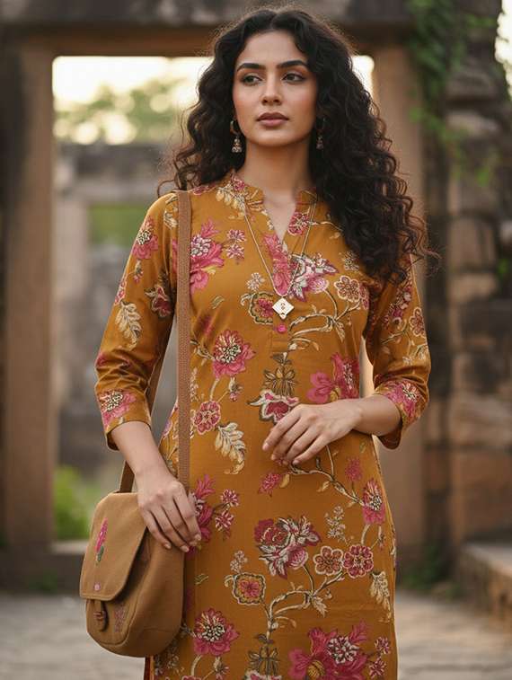 women printed three quarter sleeve straight kurta - 22401818 -  Standard Image - 1