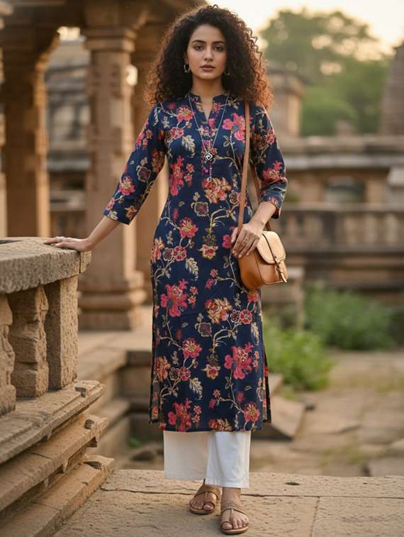 women printed three quarter sleeve straight kurta
