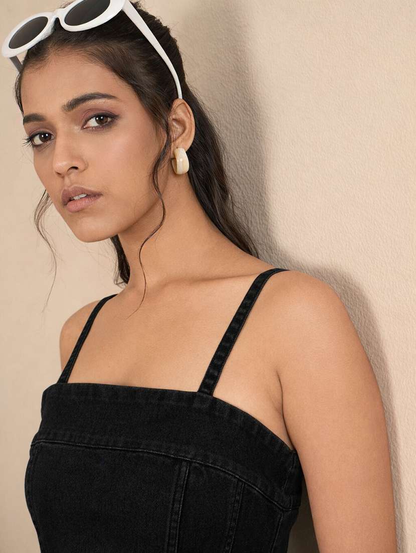 women solid shoulder strap denim fit & flare dress - 22401933 -  Standard Image - 1