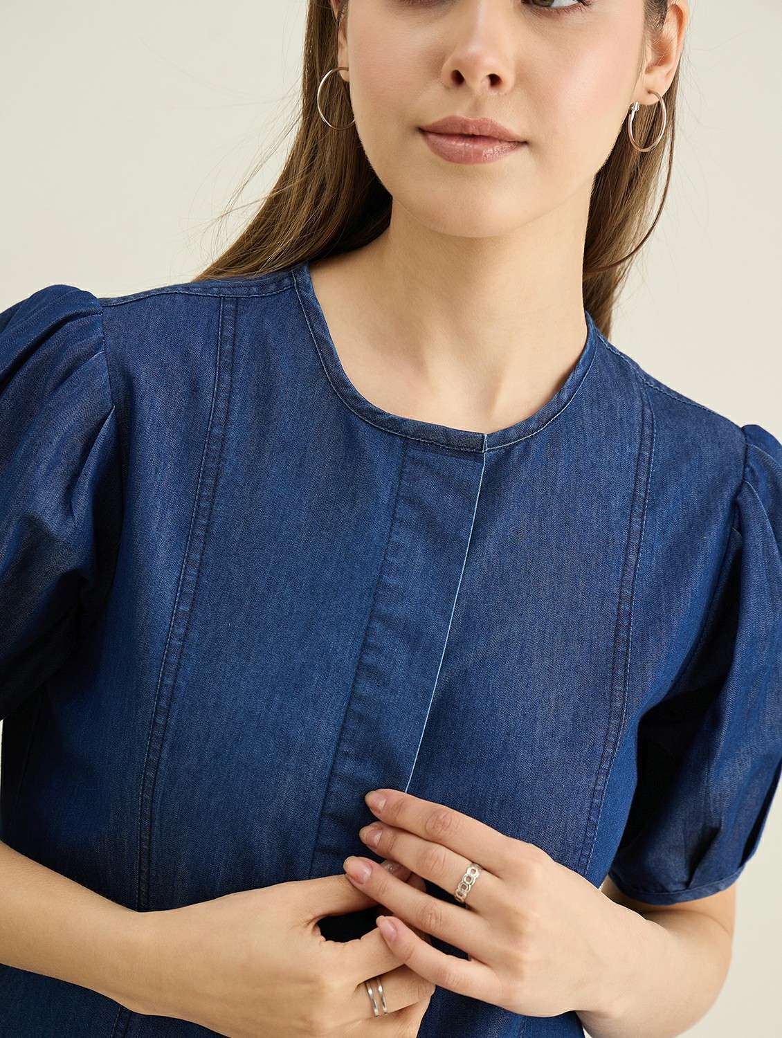 women solid puff sleeve denim a-line dress - 22401934 -  Standard Image - 1