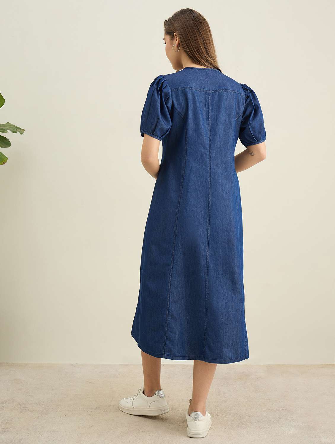 women solid puff sleeve denim a-line dress - 22401934 -  Standard Image - 4