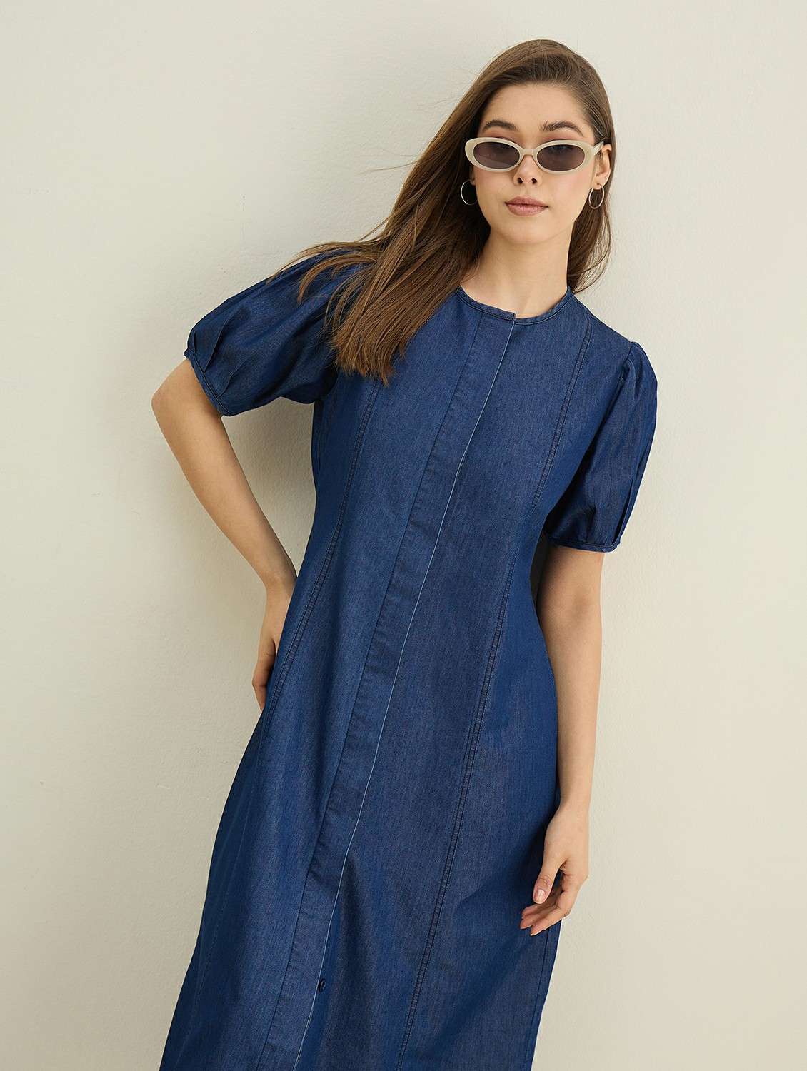 women solid puff sleeve denim a-line dress - 22401934 -  Standard Image - 6