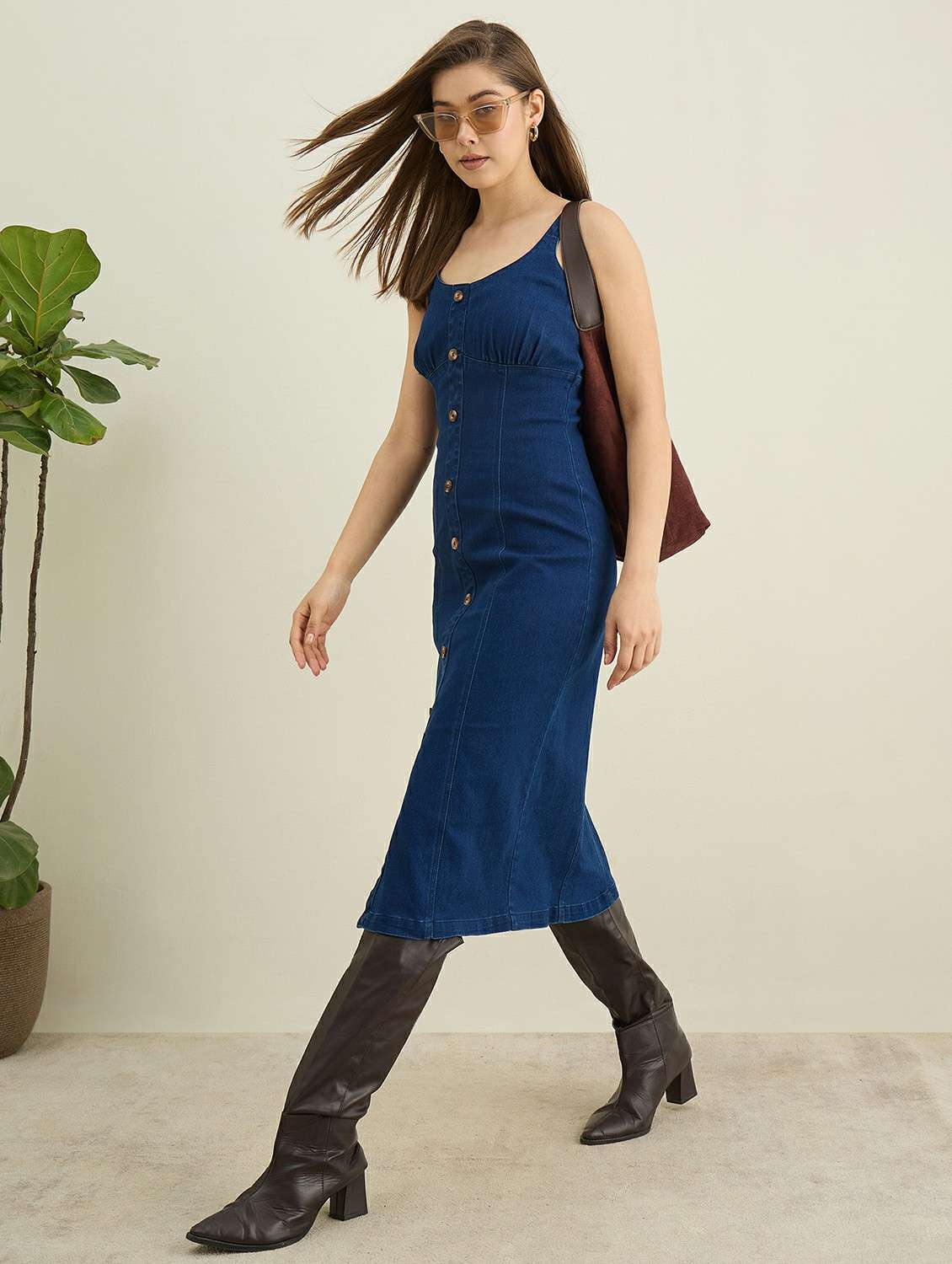 women solid sleeveless denim bodycon dress