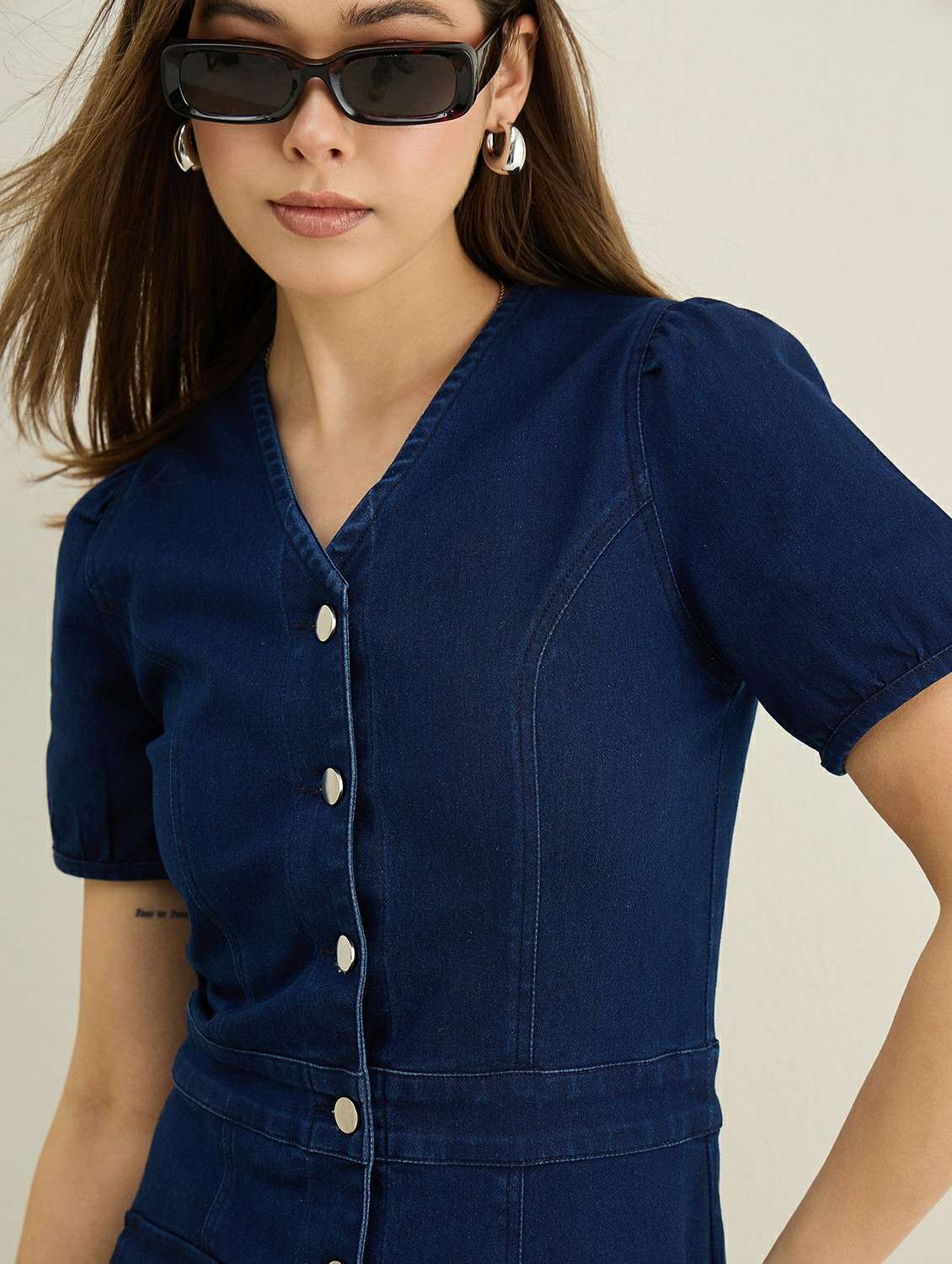 women solid puff sleeve denim bodycon dress - 22401936 -  Standard Image - 1