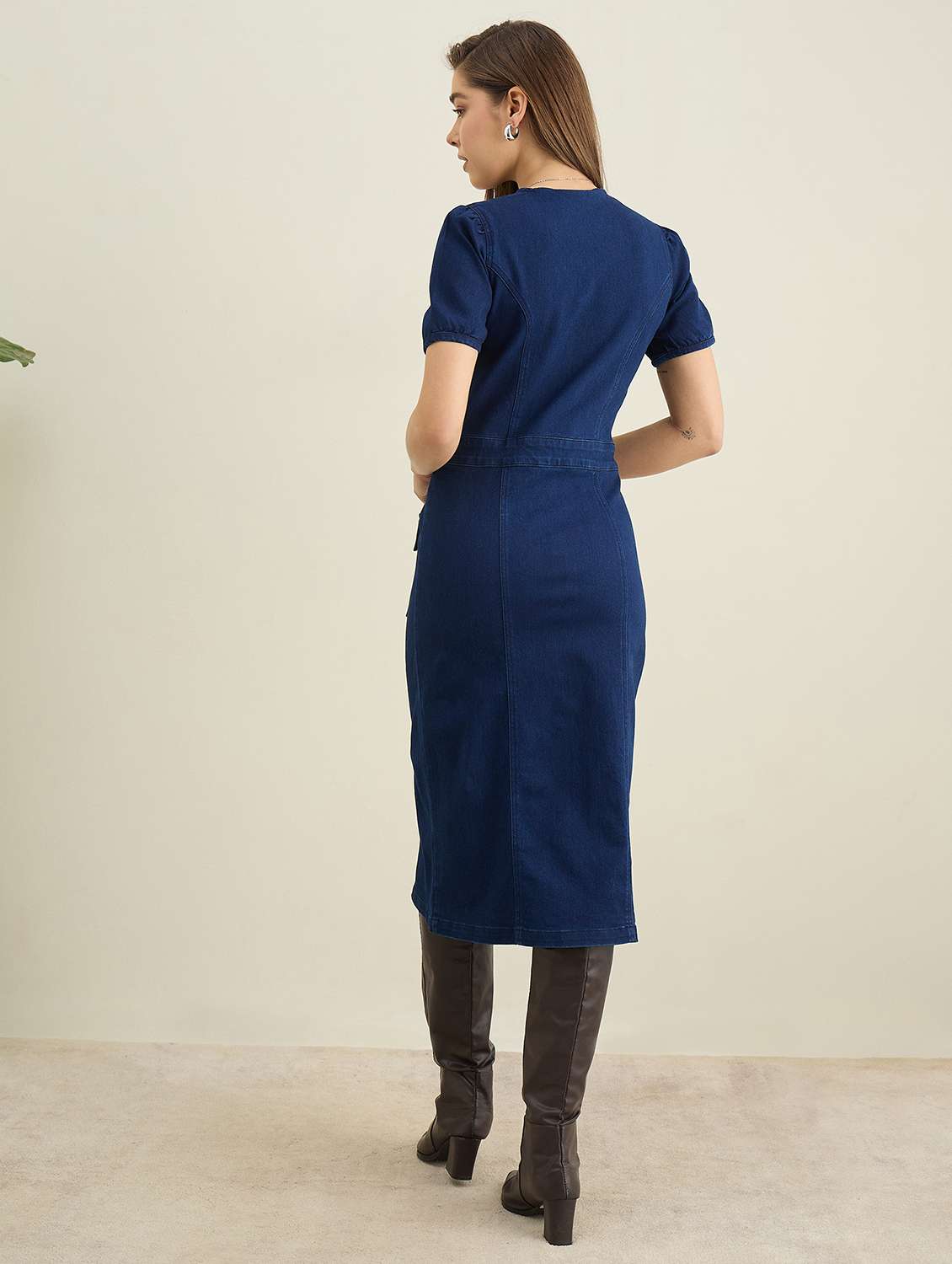 women solid puff sleeve denim bodycon dress - 22401936 -  Standard Image - 4