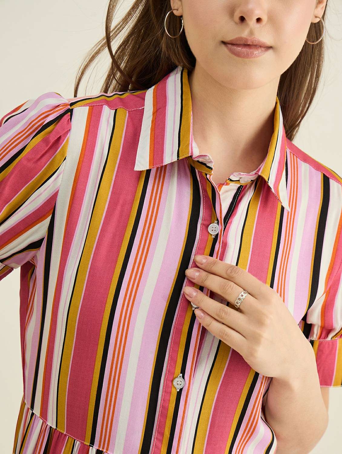 women striped collared short sleeve tiered dress - 22401937 -  Standard Image - 1