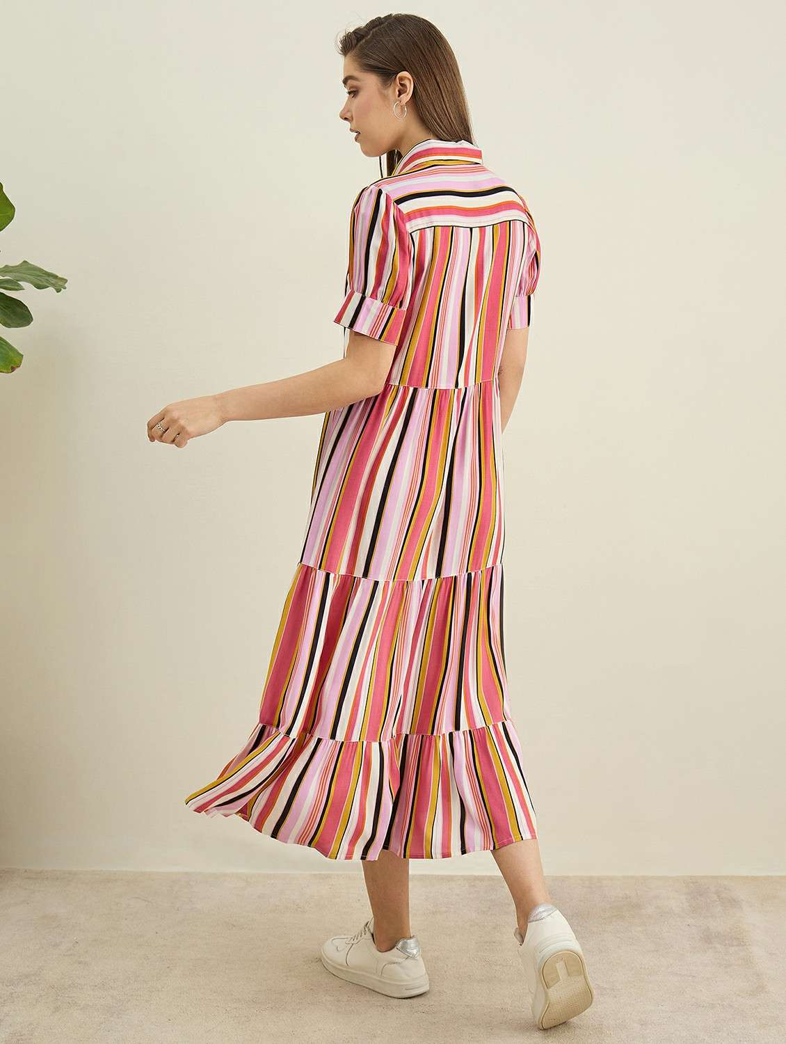 women striped collared short sleeve tiered dress - 22401937 -  Standard Image - 4